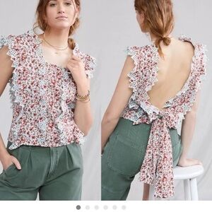 Anthropologie Blue Tassel Trina Back Bow Floral Eyelet Blouse med  new with tags